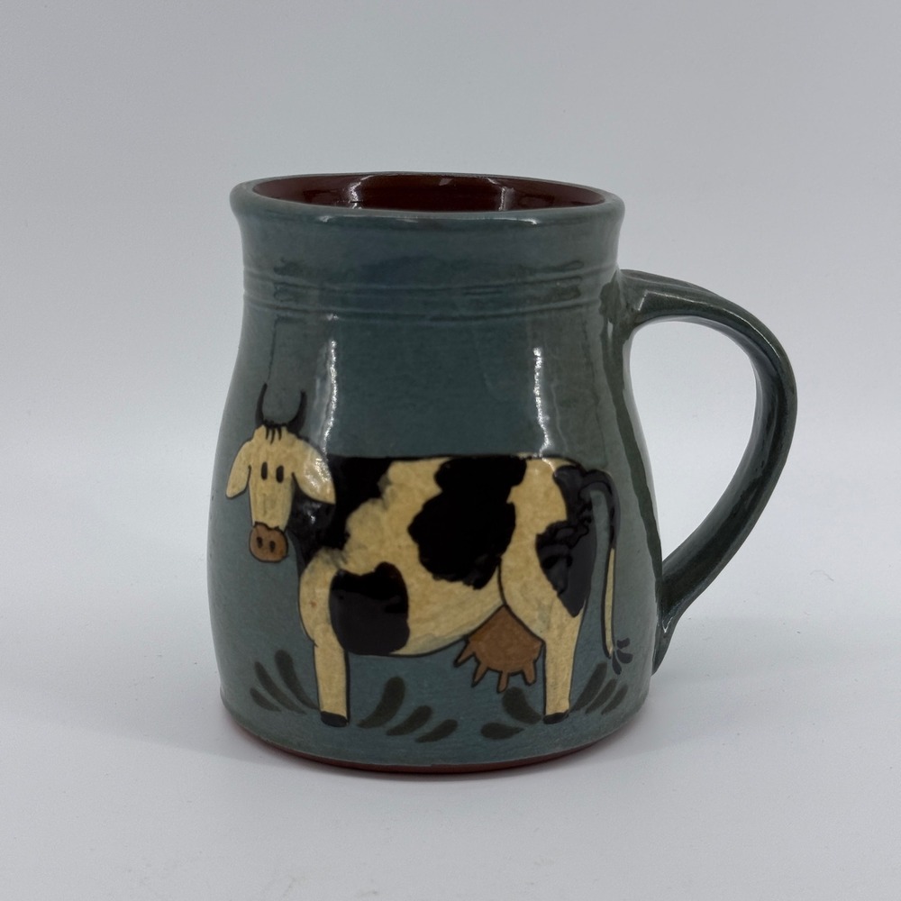 Eldreth Pottery Mug Cow Folk Art Stoneware Blue Animal Print 2016